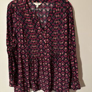 Terra & Sky Women's 1X Blouse Pink Geometric Design V-Neck Long Sleeve Button Up